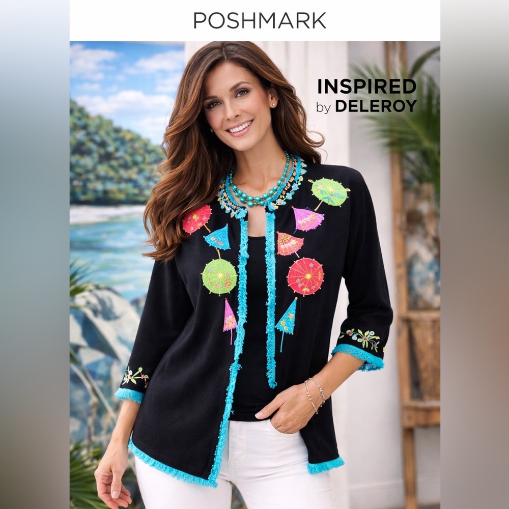 Inspired by Deleroy,Parasol Appliqué Embroidered Cardigan Whimsical Art,Size XL